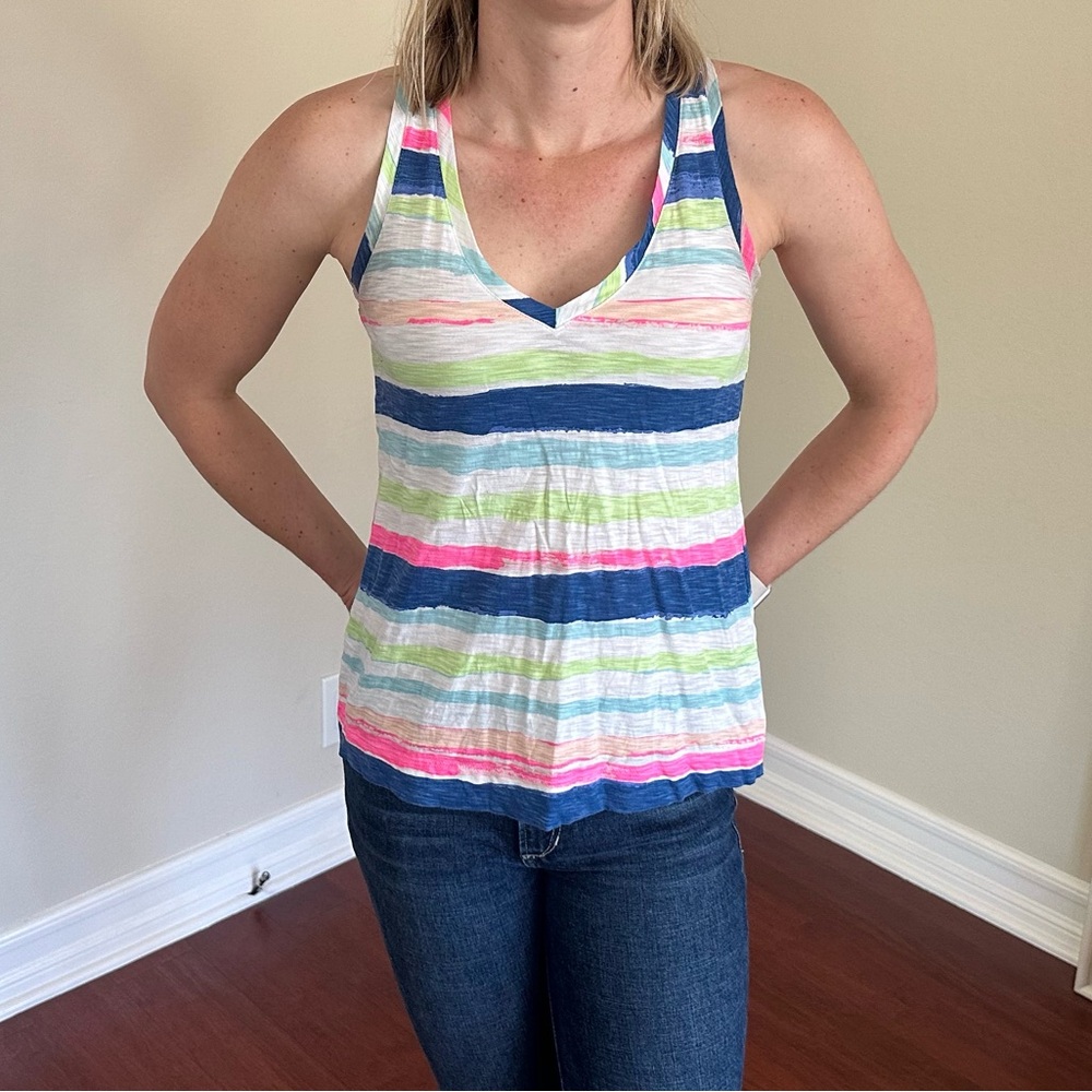 Lilly Pulitzer Blue Green Pleated Sleeveless Tank Top with slight Racer Back